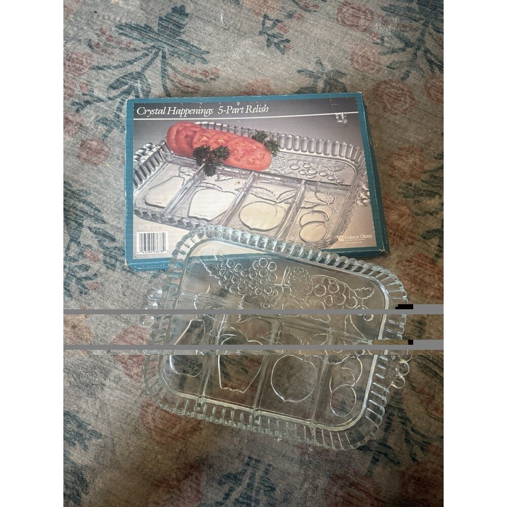 Vtg Indiana Glass 5 Part Fruit Relish Dish Tray Crystal Happenings Embossed Box